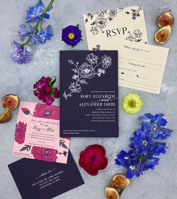 Grand Lake Yacht Club, Colorado wedding, pink and purple wedding invitation, summer wedding inspo