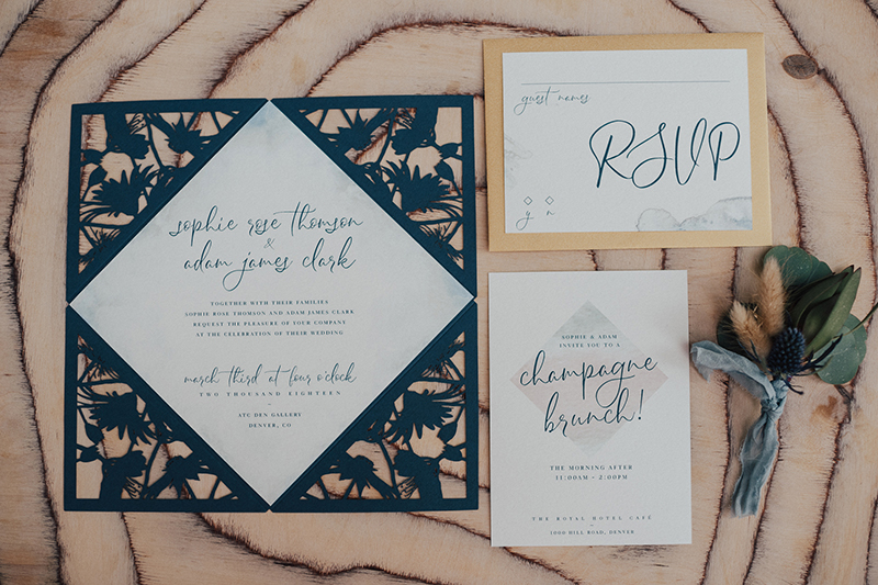 floral laser cut wedding invite, champagne brunch invite, rsvp card, downtown denver boho wedding stationery