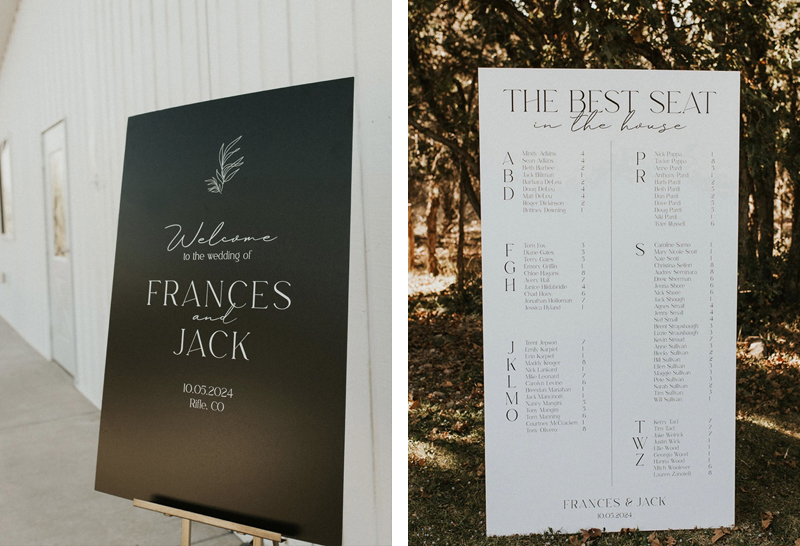 Left photo shows a boho chic black wedding welcome sign and right photo shows a minimalist seating chart with "The Best Seat in the House" header and alphabetized guest list.
