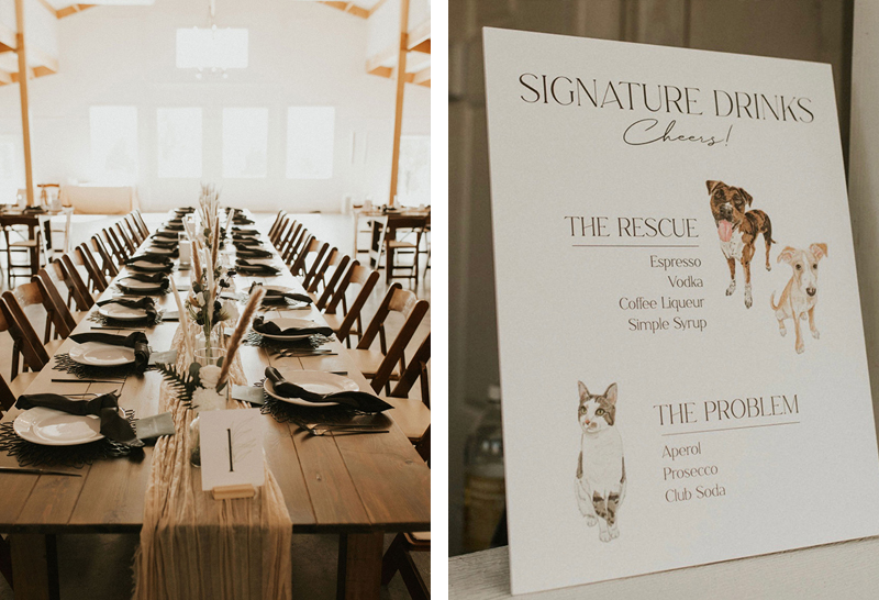 Left photo is a long farm table wedding reception with black napkins, white place settings, pampas grass centerpiece, and candles at boho Colorado barn venue; right photo is custom wedding bar sign with watercolor pet portraits for signature cocktails