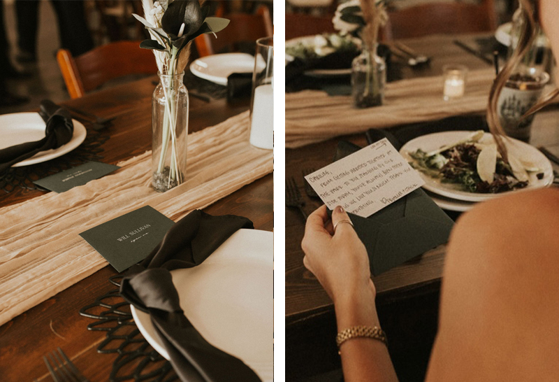 Left photo with elegant green place card envelope at boho chic wedding reception table with wood runner, black napkin, and bud vase centerpiece and right is guest holding custom handwritten thank you note from couple at boho barn wedding reception in Colorado